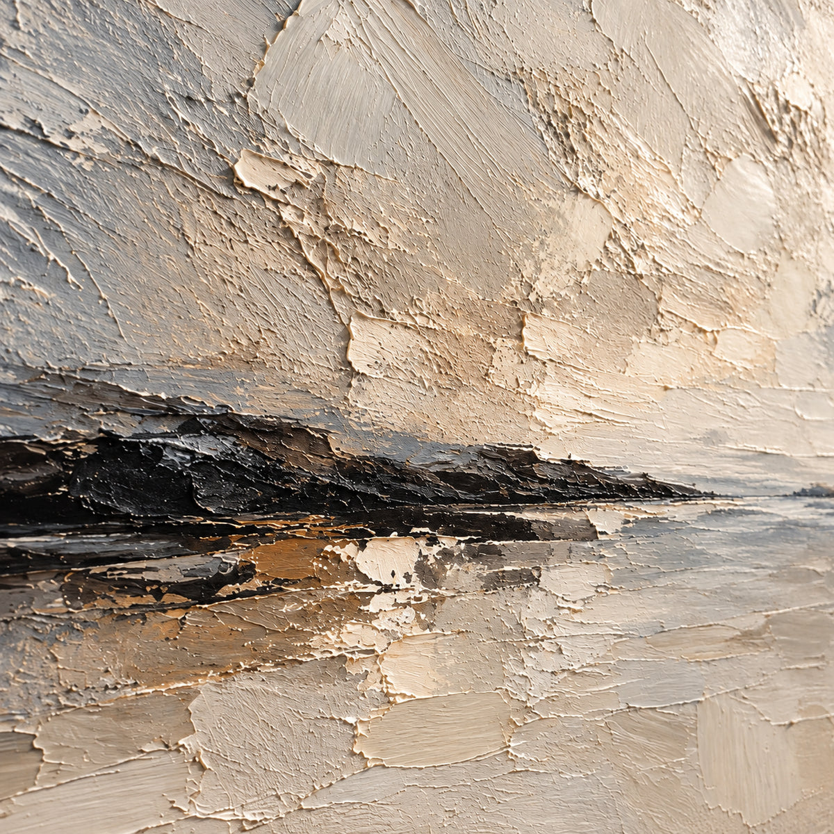 Close detail of Gesso-Littoral viewed at an oblique side angle, with grazing light revealing raised paint ridges and overlapping strokes.