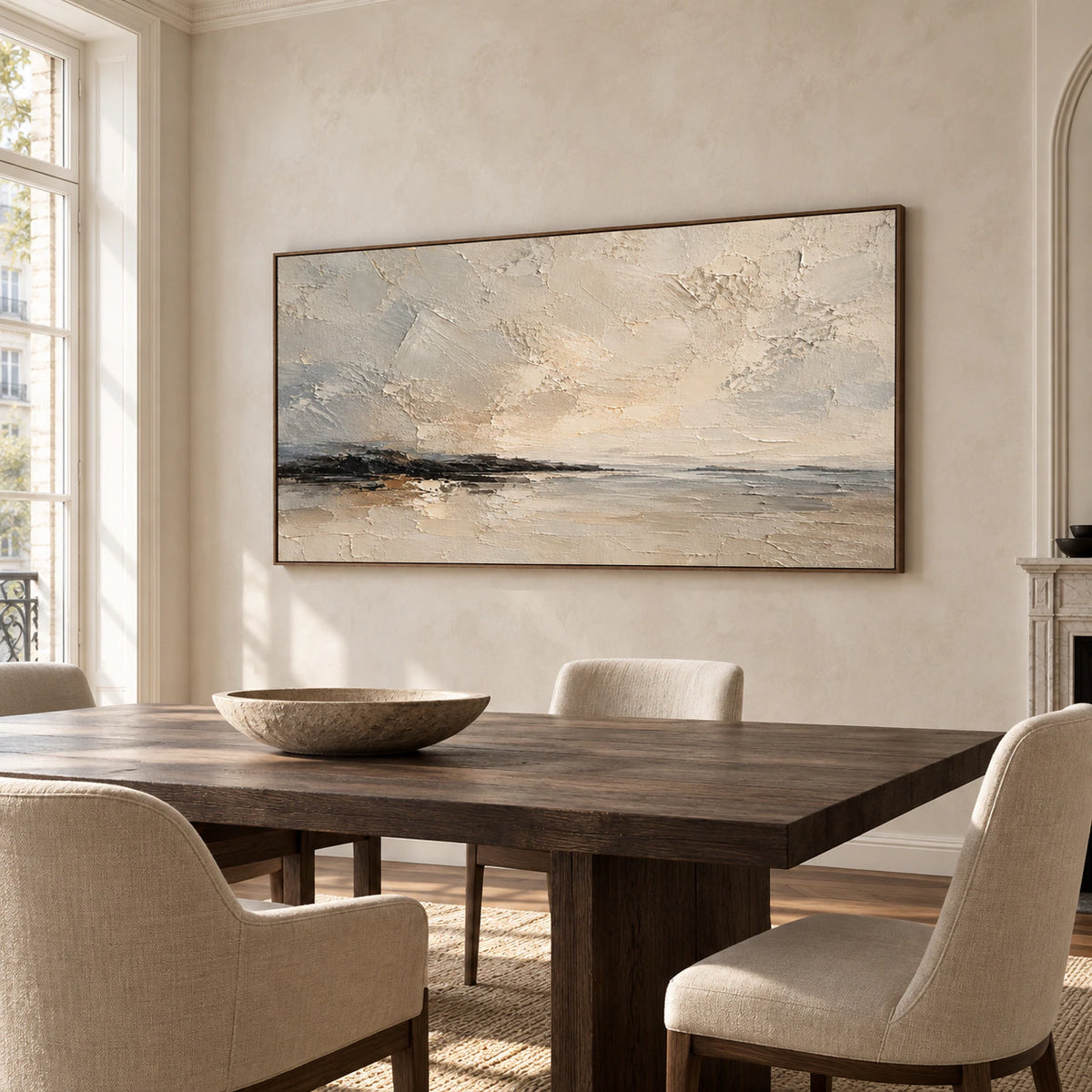 Gesso-Littoral painting on a muted plaster wall in a bright dining room viewed from the left, with a dark wood table and sculptural chairs.