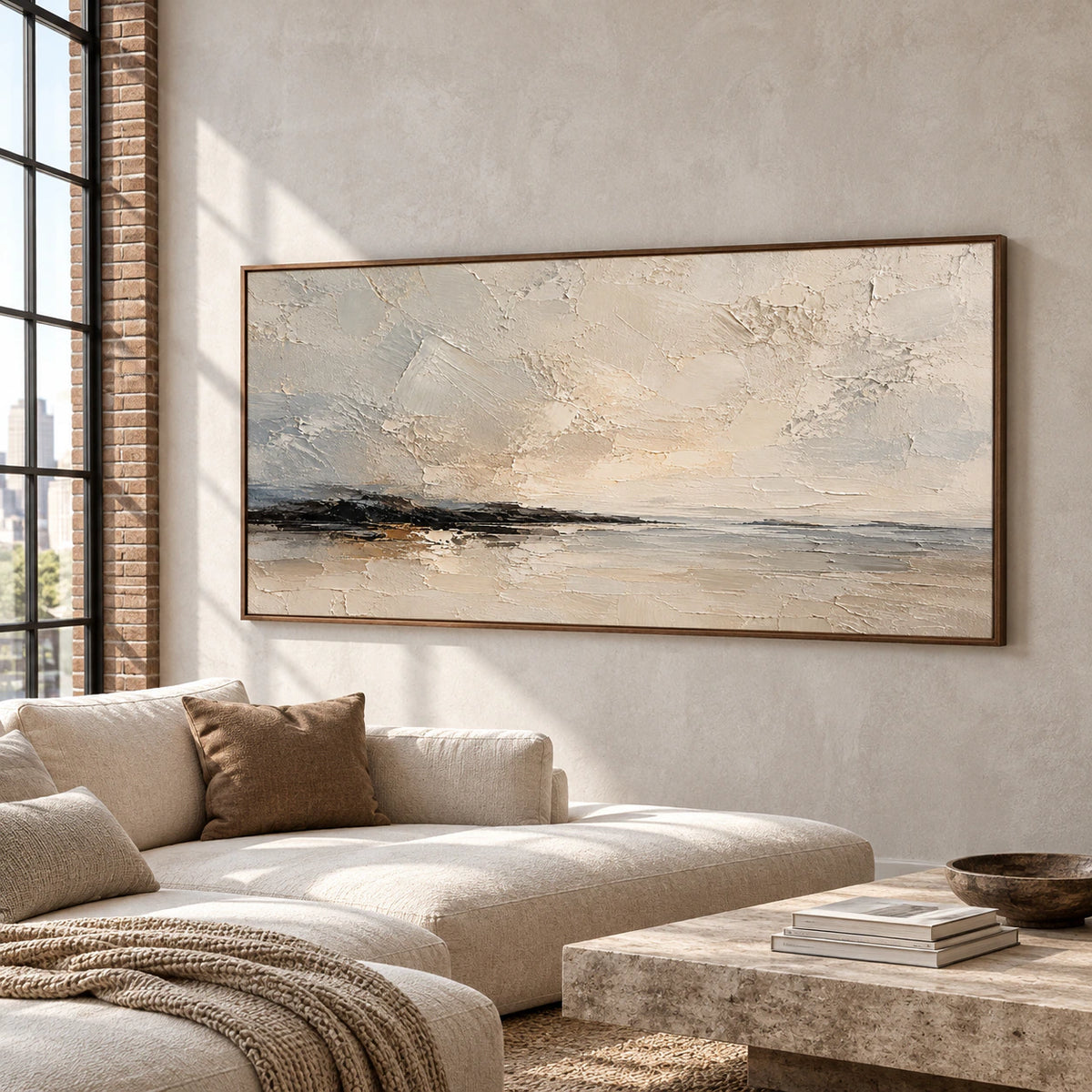 Gesso-Littoral painting prominently displayed in an expansive loft interior with high ceilings, broad windows and restrained neutral furniture.