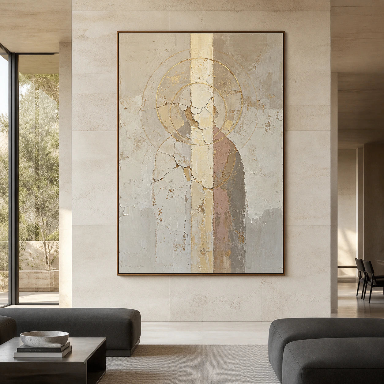 Large vertical textured abstract with cream, taupe, blush, and gold circles in a bright spacious interior.