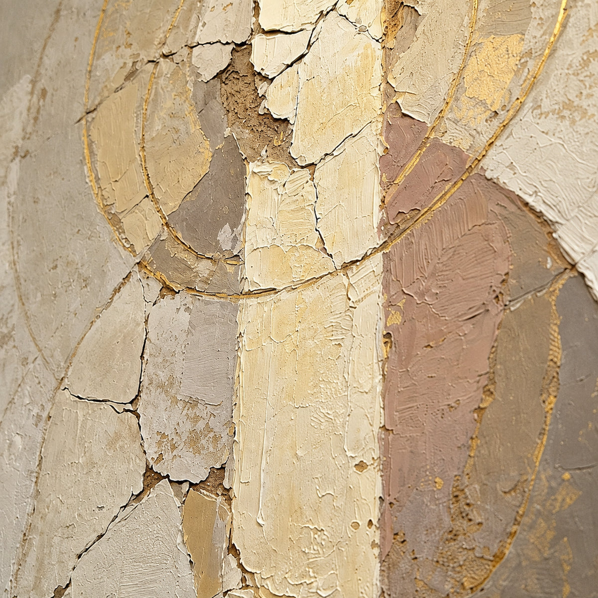 Gilded-Alignment oil painting brushwork and impasto detail photographed from an oblique side angle