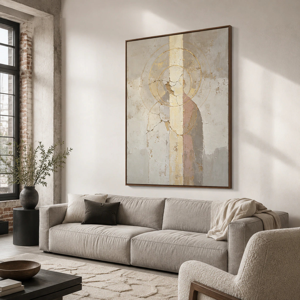 Vertical textured abstract above a neutral sofa in a bright living room.
