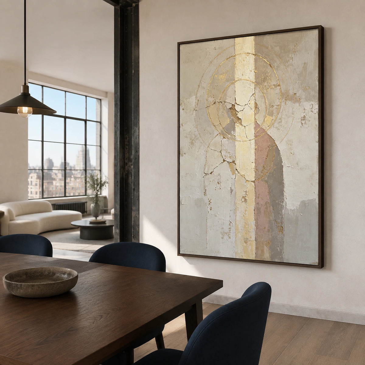 Large cream and gold textured abstract in a refined daylight dining room.