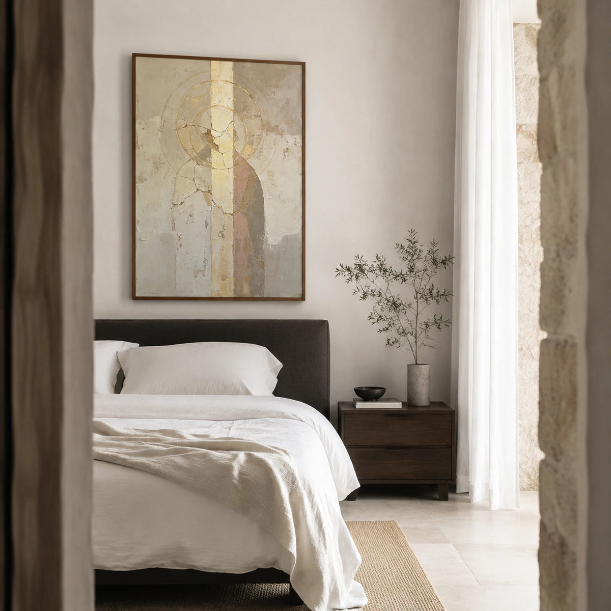 Quiet bedroom featuring a large vertical abstract with cracked ivory texture.