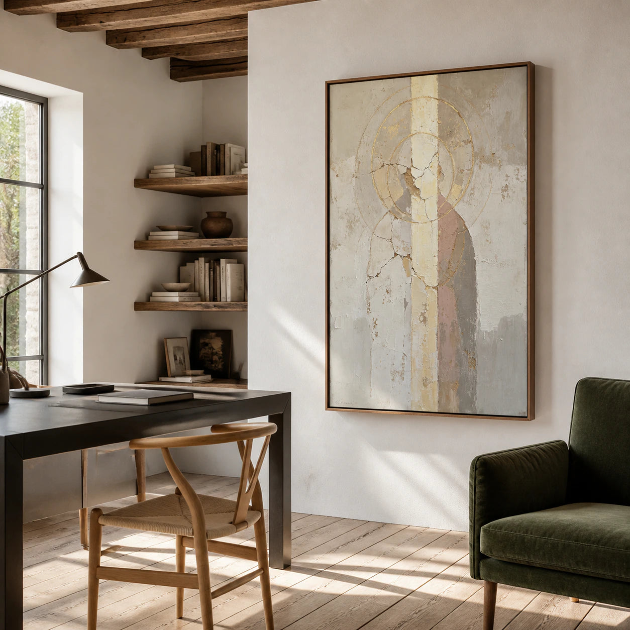 Vertical cream and taupe abstract as the focal point of an airy home office.