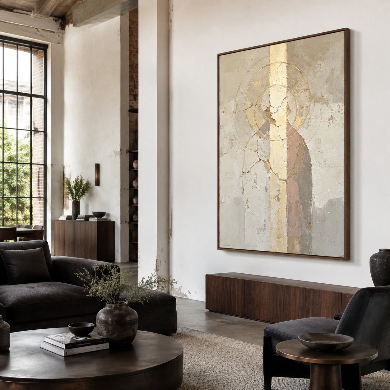 Large vertical textured abstract in a bright expansive loft hospitality interior.