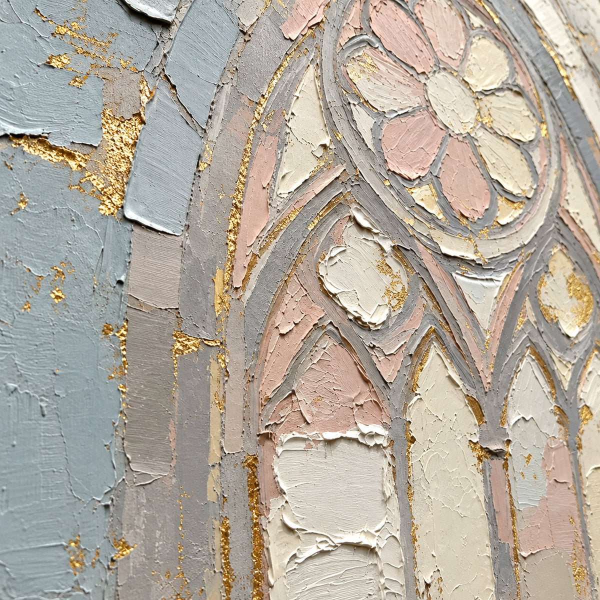 Gilded-Arch oil painting brushwork and impasto detail photographed from an oblique side angle