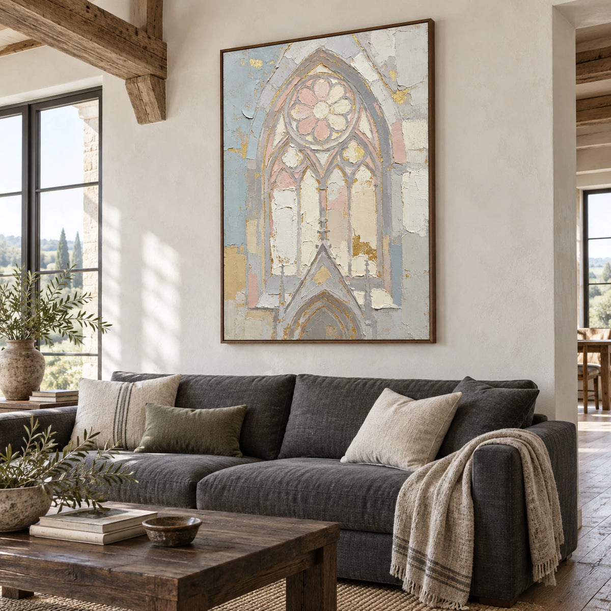 Gilded-Arch as the focal artwork in a bright contemporary living room.