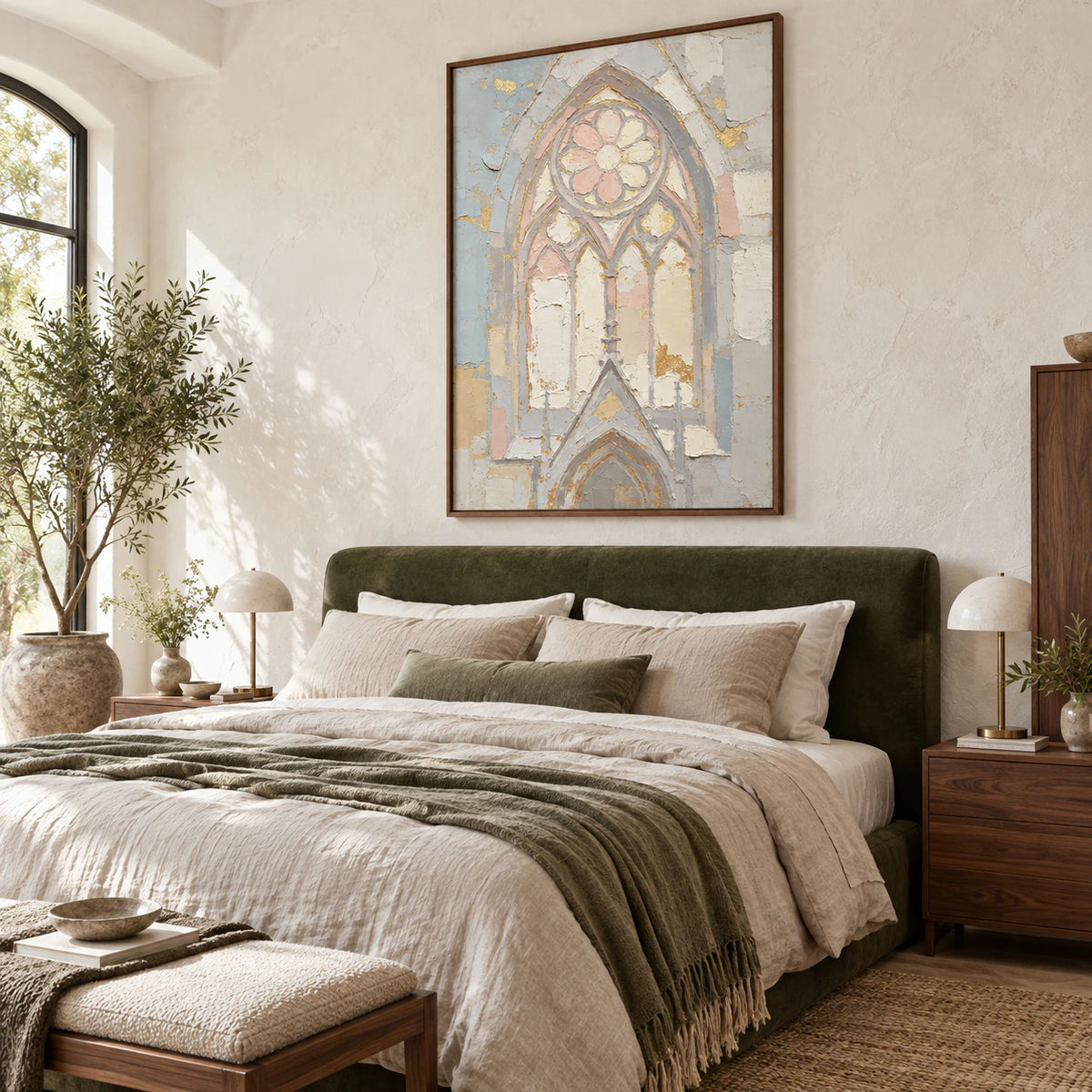 Gilded-Arch bringing quiet texture to an airy neutral bedroom.