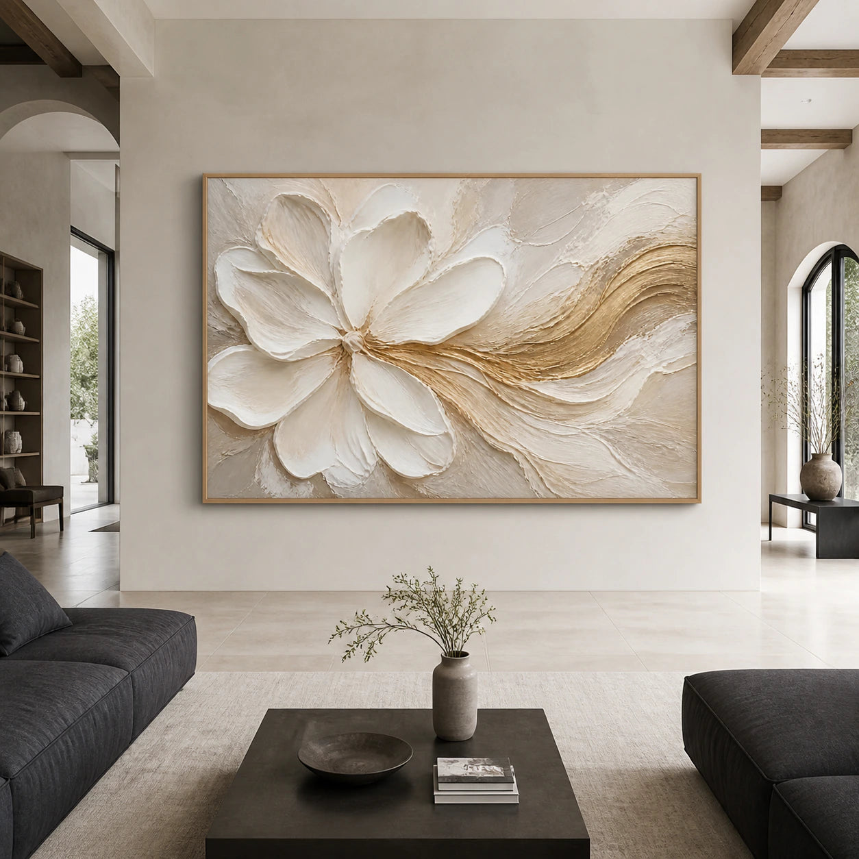 Large horizontal ivory floral abstract with a gold sweep displayed straight-on in an expansive bright gallery living space.