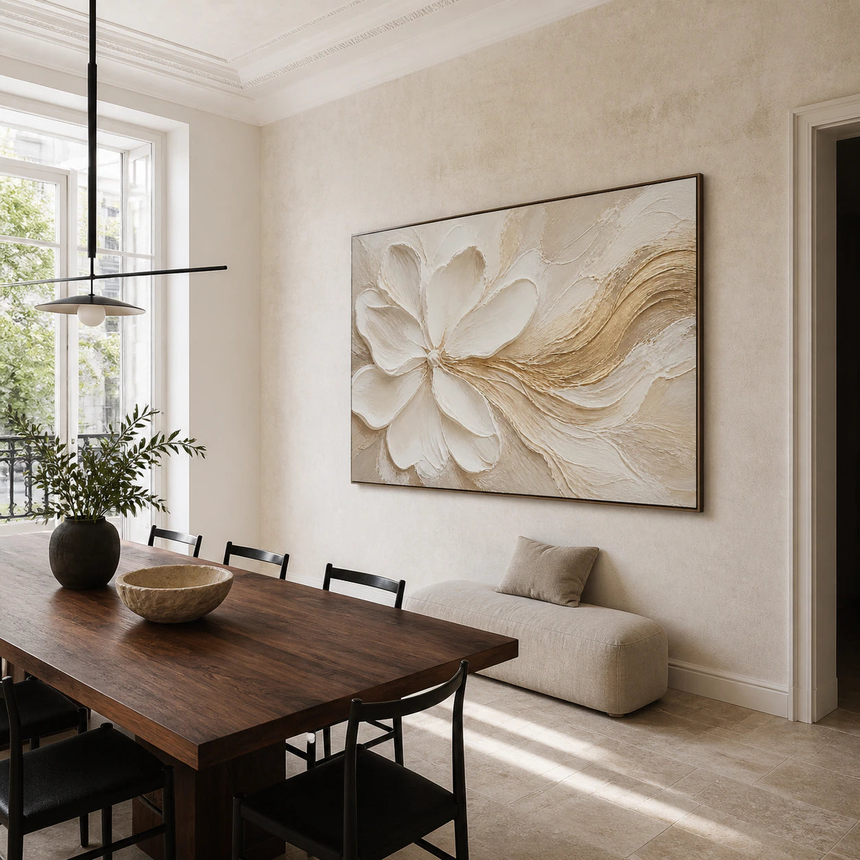 Textured ivory floral abstract with a gold sweep in a refined daylight dining room.