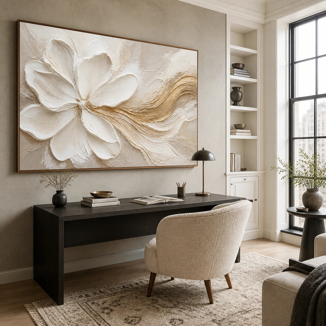Large textured floral abstract in an airy home office reading space with daylight.