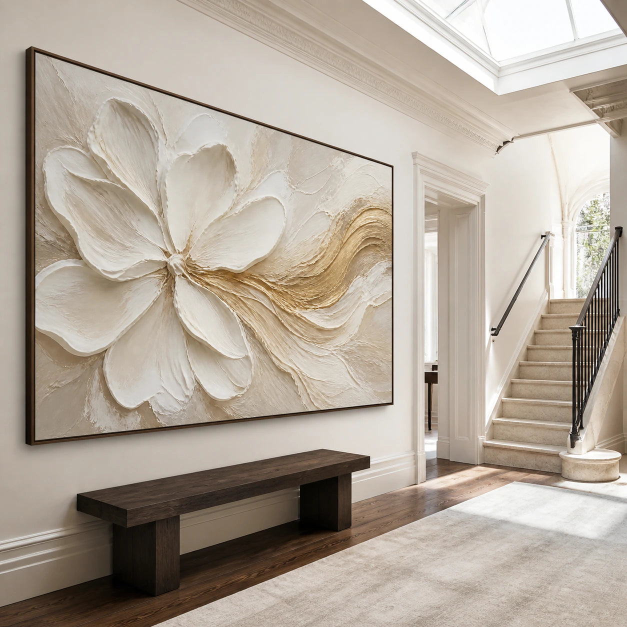 Gallery-scale ivory floral abstract with a sweeping gold gesture in a bright architectural foyer.
