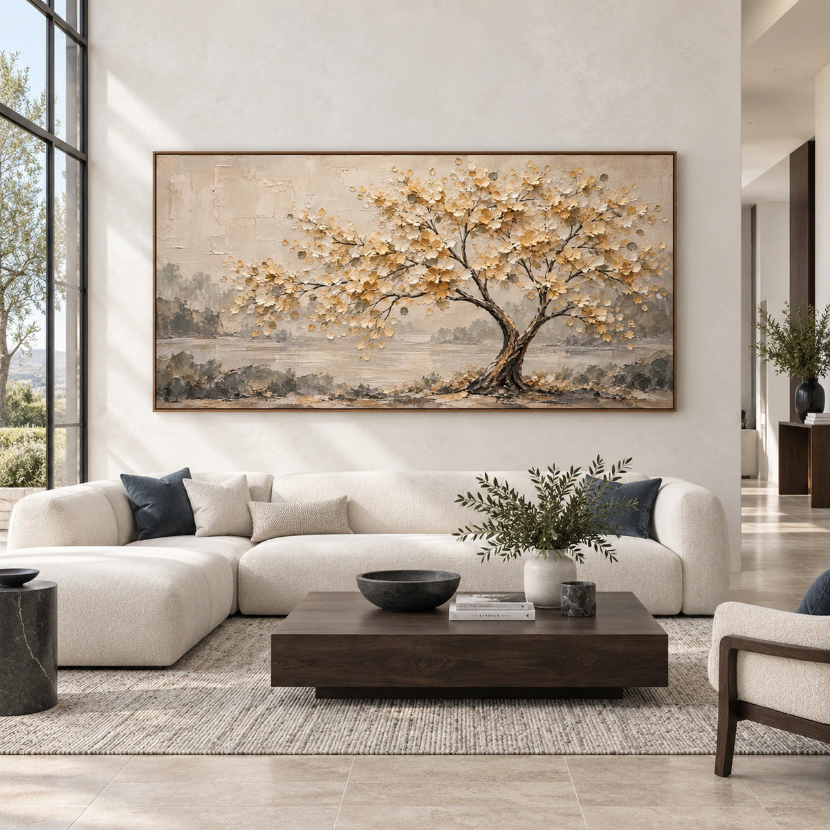 Large horizontal Gilded-Bough painting displayed straight-on in a bright, expansive architectural living space.