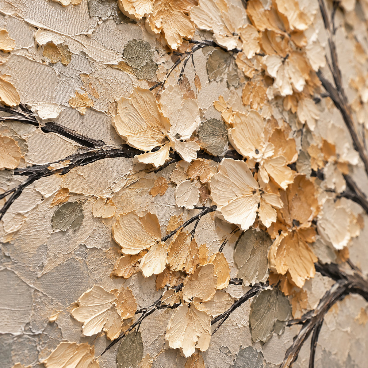 Gilded-Bough oil painting brushwork and impasto detail photographed from an oblique side angle