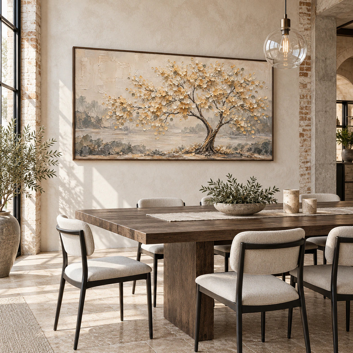 Large Gilded-Bough painting anchoring a refined dining room with natural daylight.