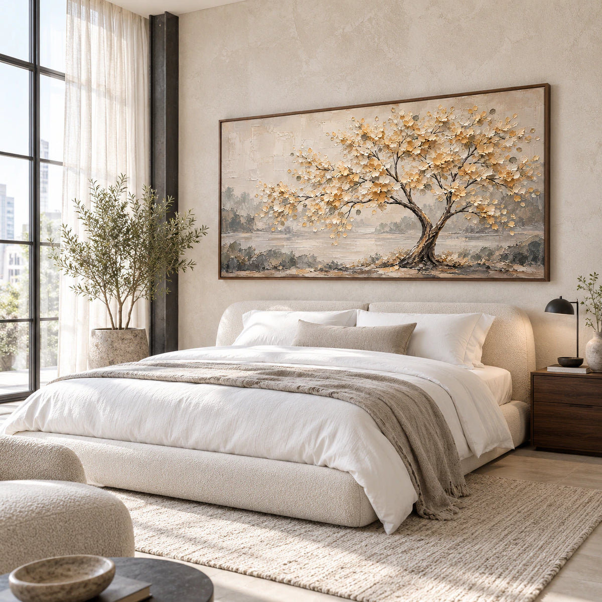Large Gilded-Bough painting in a quiet, softly lit bedroom with calm architectural details.