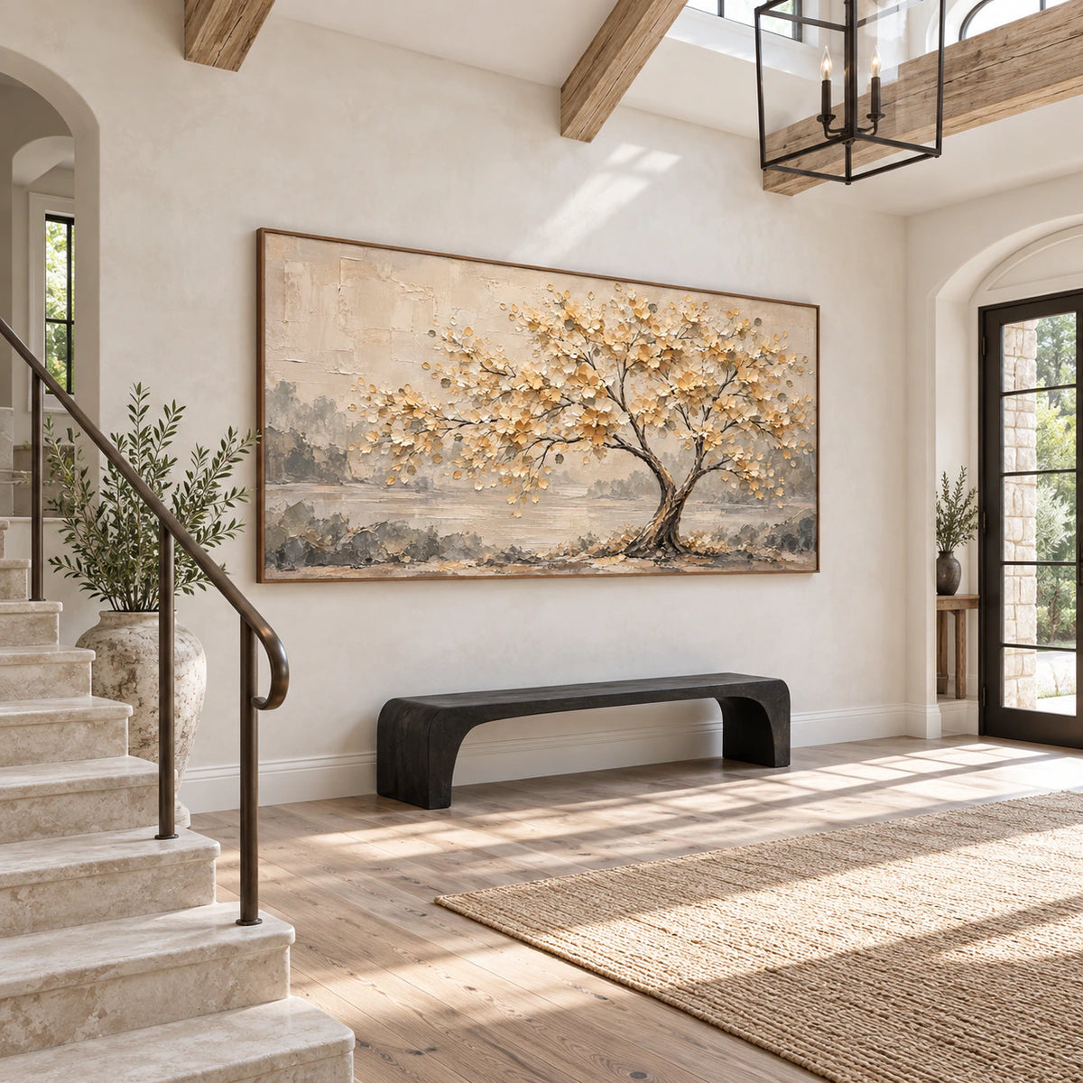 Large Gilded-Bough painting as the focal point of a gallery-scale foyer.