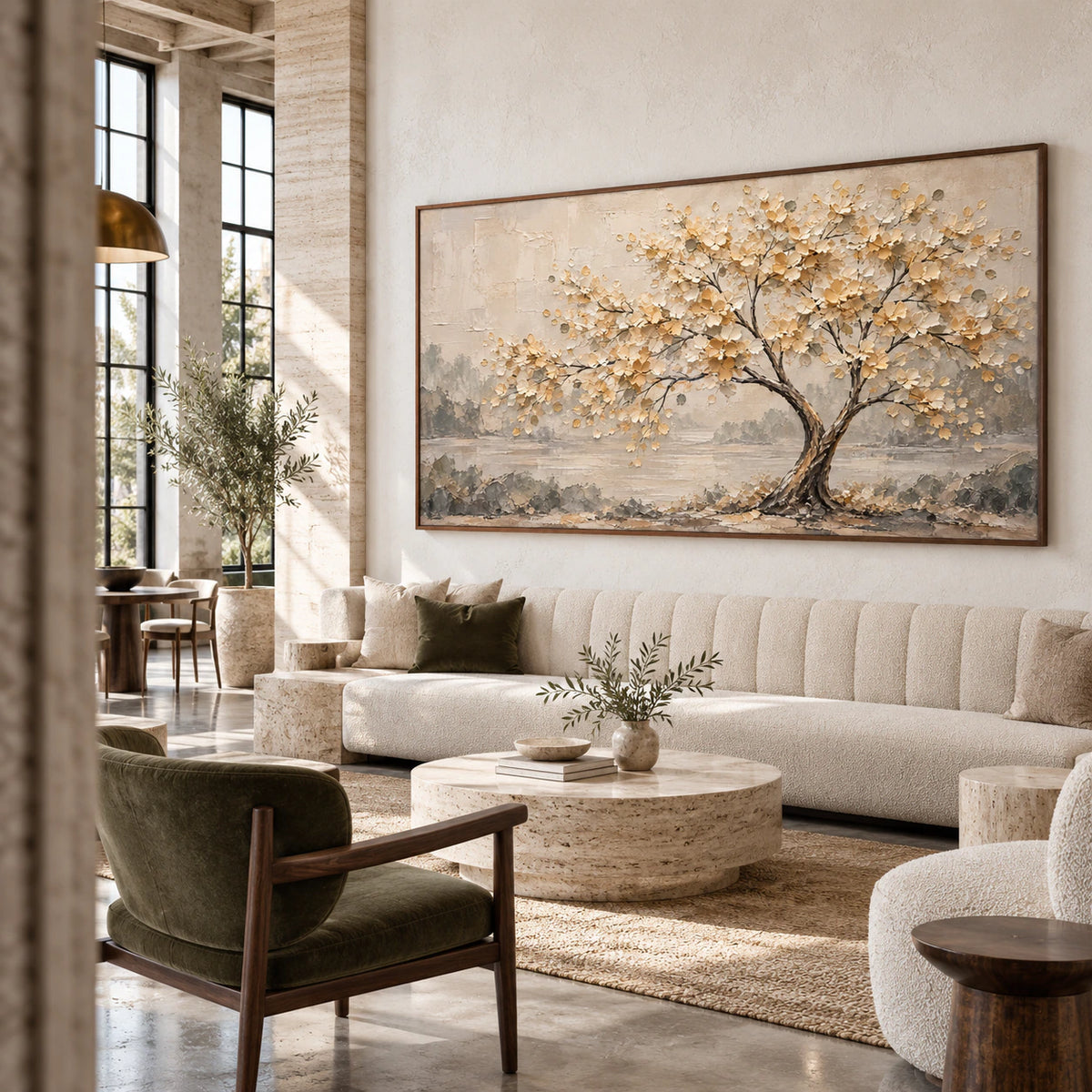 Large Gilded-Bough painting in an expansive, daylight-filled hospitality loft interior.