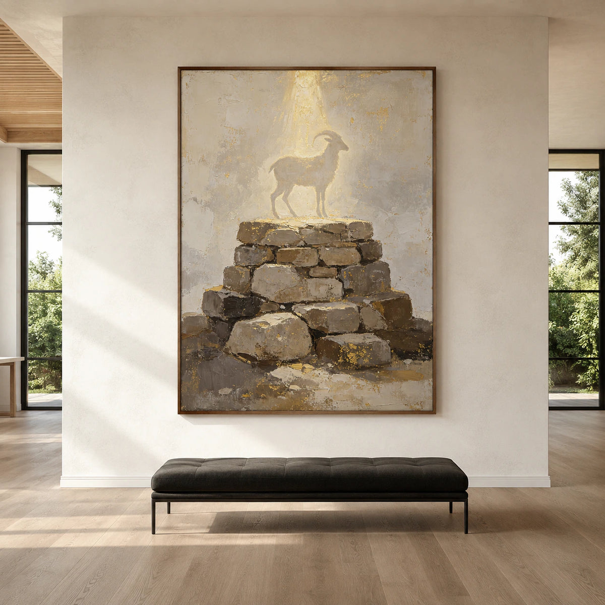 Large straight-on gallery interior featuring Gilded-Cairn at an impressive scale.
