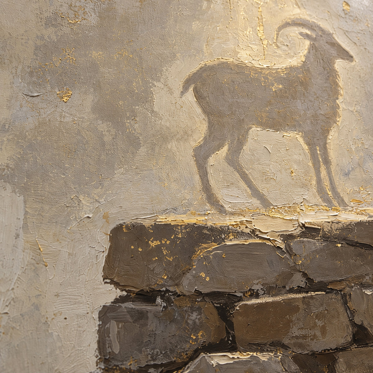 Gilded-Cairn oil painting brushwork and impasto detail photographed from an oblique side angle