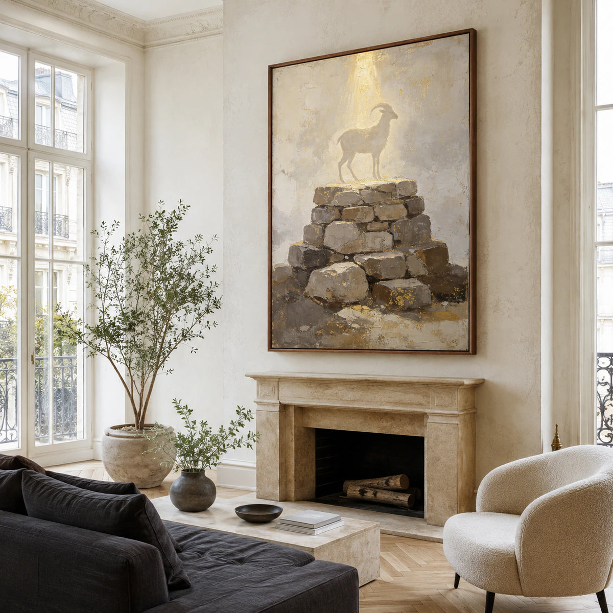 Bright living room with Gilded-Cairn as the central large-scale wall artwork.