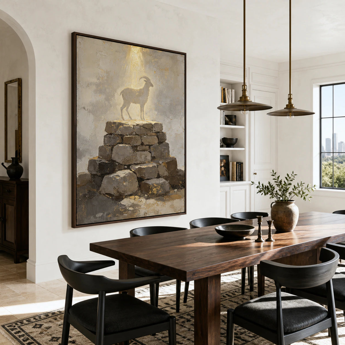 Refined dining room displaying Gilded-Cairn prominently above a sideboard.