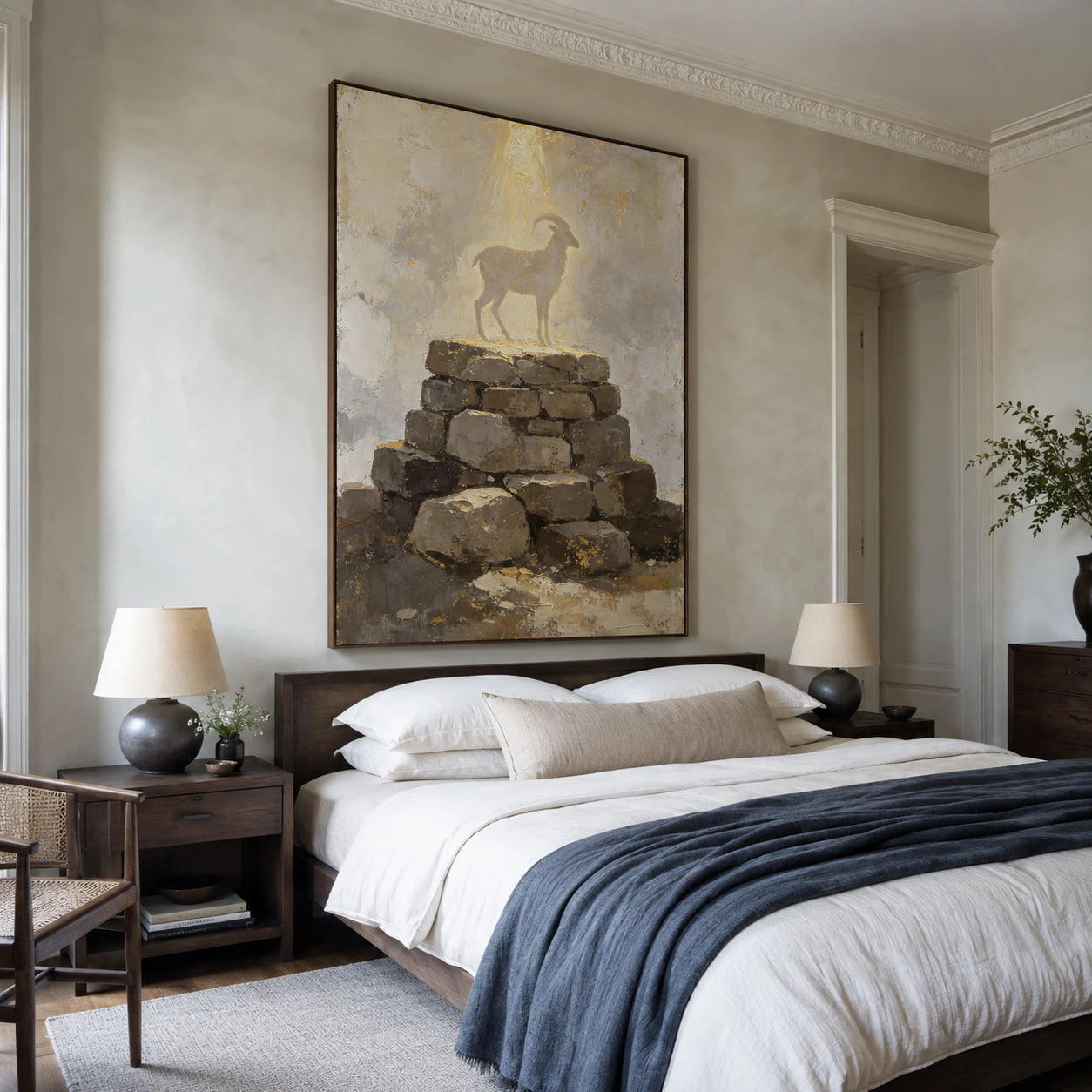 Quiet bedroom with Gilded-Cairn as a large focal artwork.