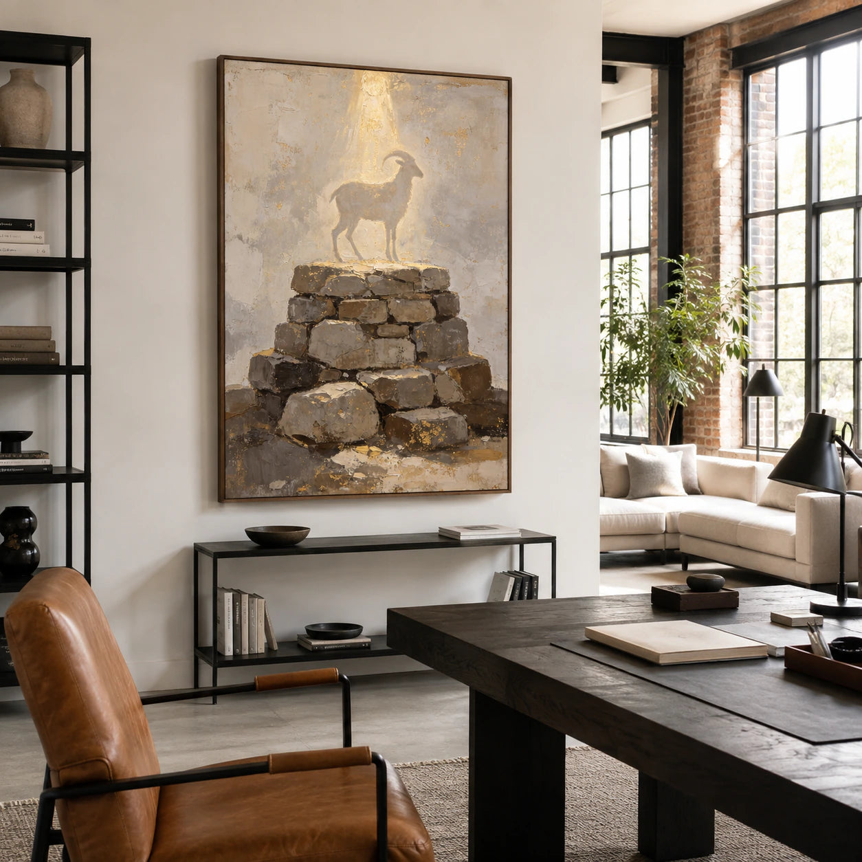 Airy reading space with Gilded-Cairn prominently displayed.