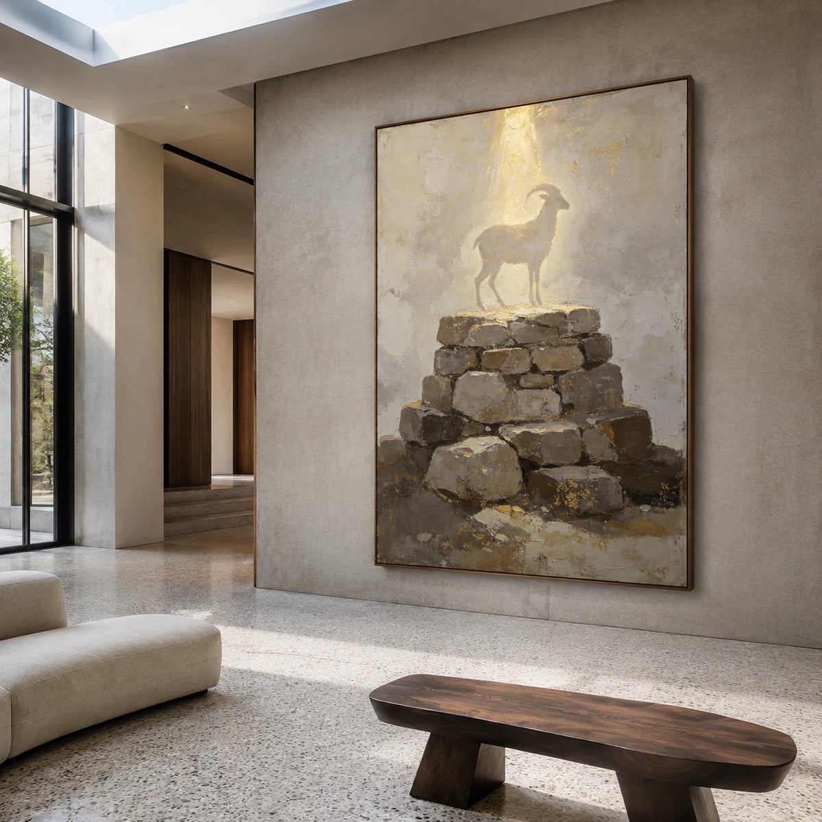 Gallery-scale foyer centered on the Gilded-Cairn artwork.
