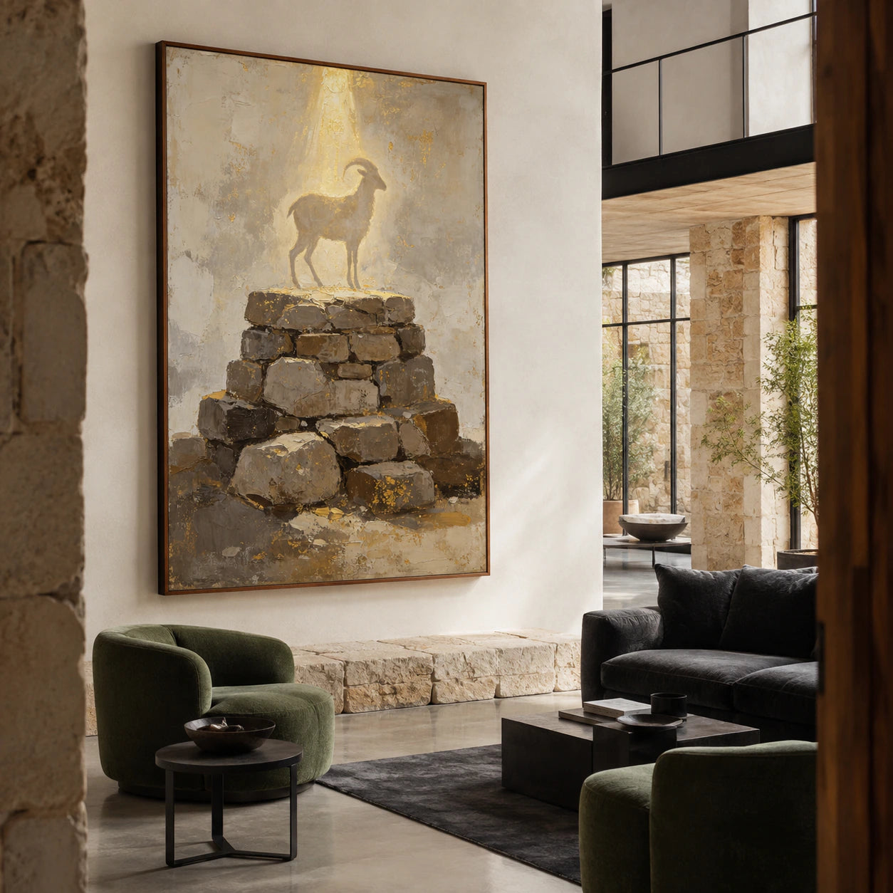 Expansive loft hospitality interior featuring Gilded-Cairn at large scale.