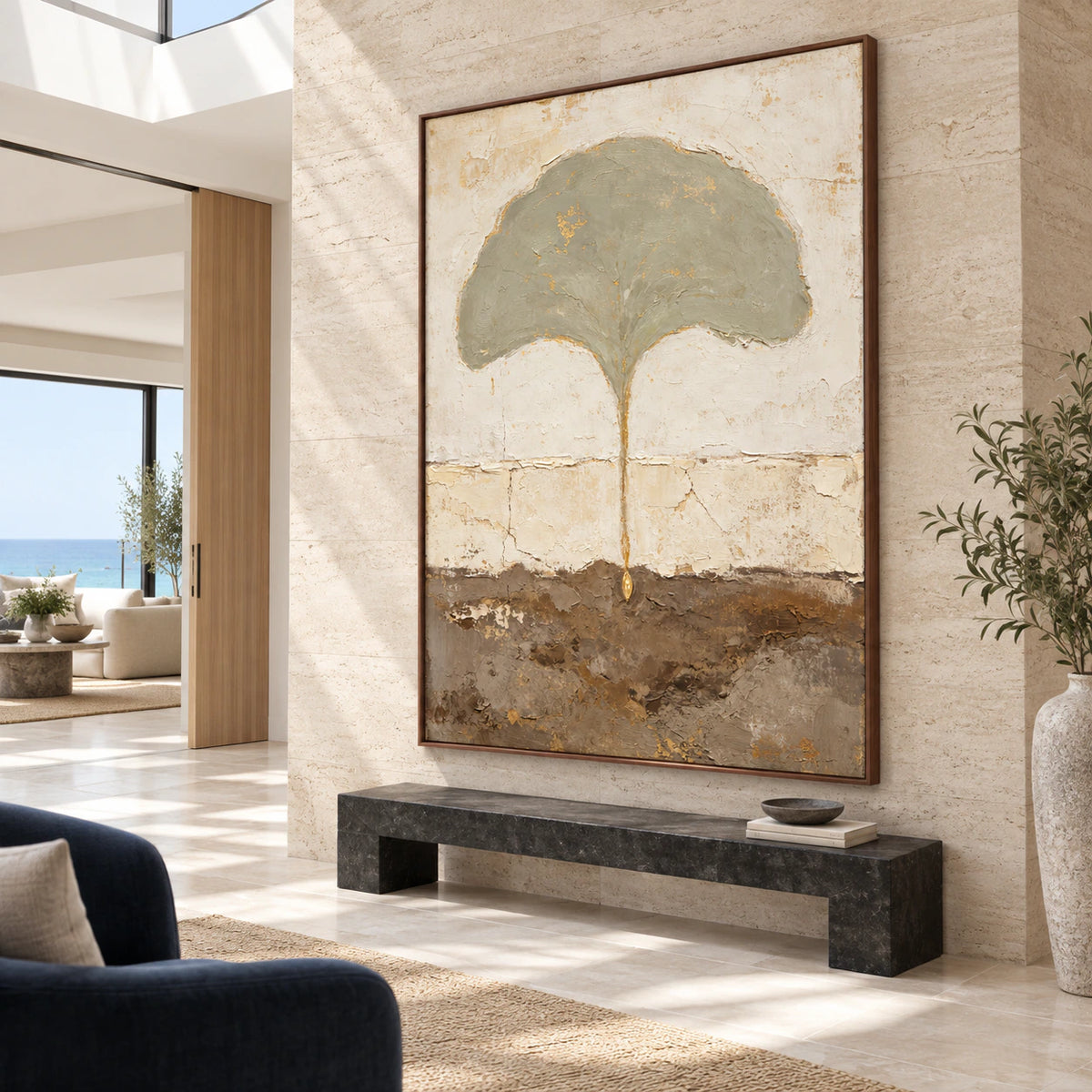 Gilded-Canopy presented at gallery scale in a luminous stone foyer.