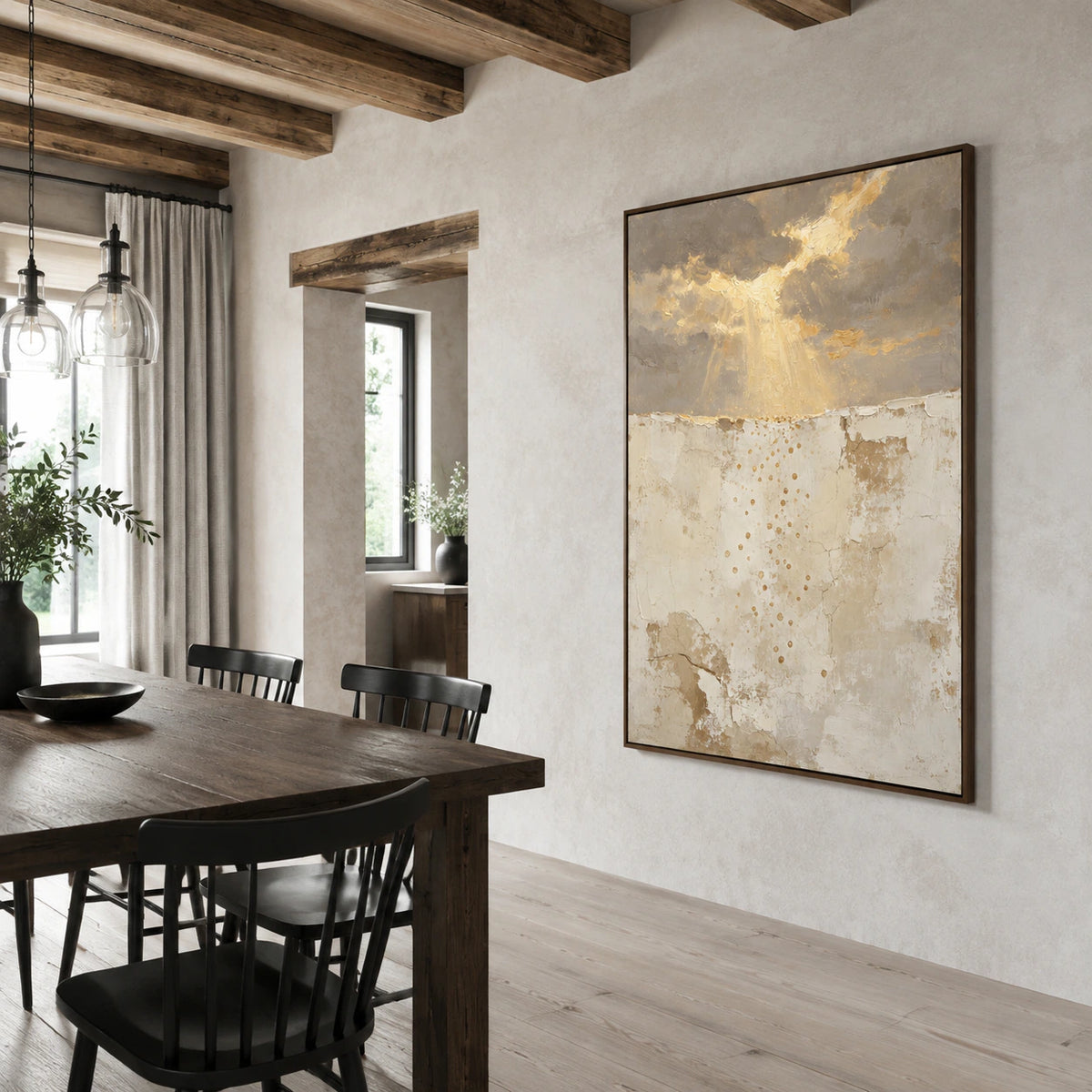 Gilded-Drift anchoring a refined daylight dining room.