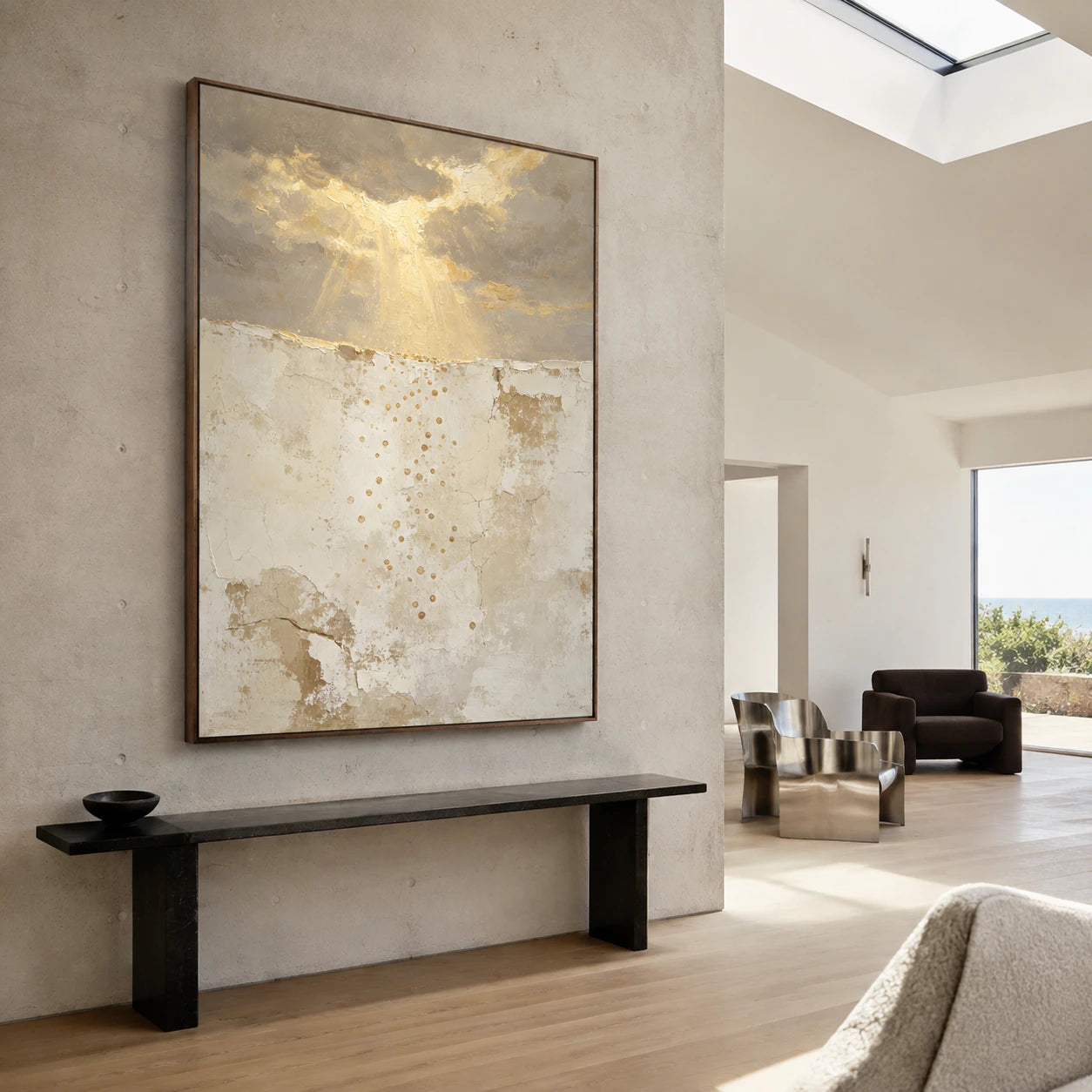 Gilded-Drift presented at gallery scale in a light-filled foyer.