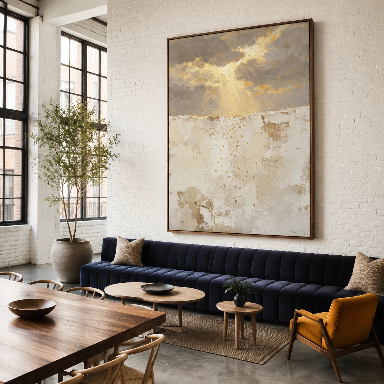 Gilded-Drift as the focal point of an expansive loft hospitality interior.