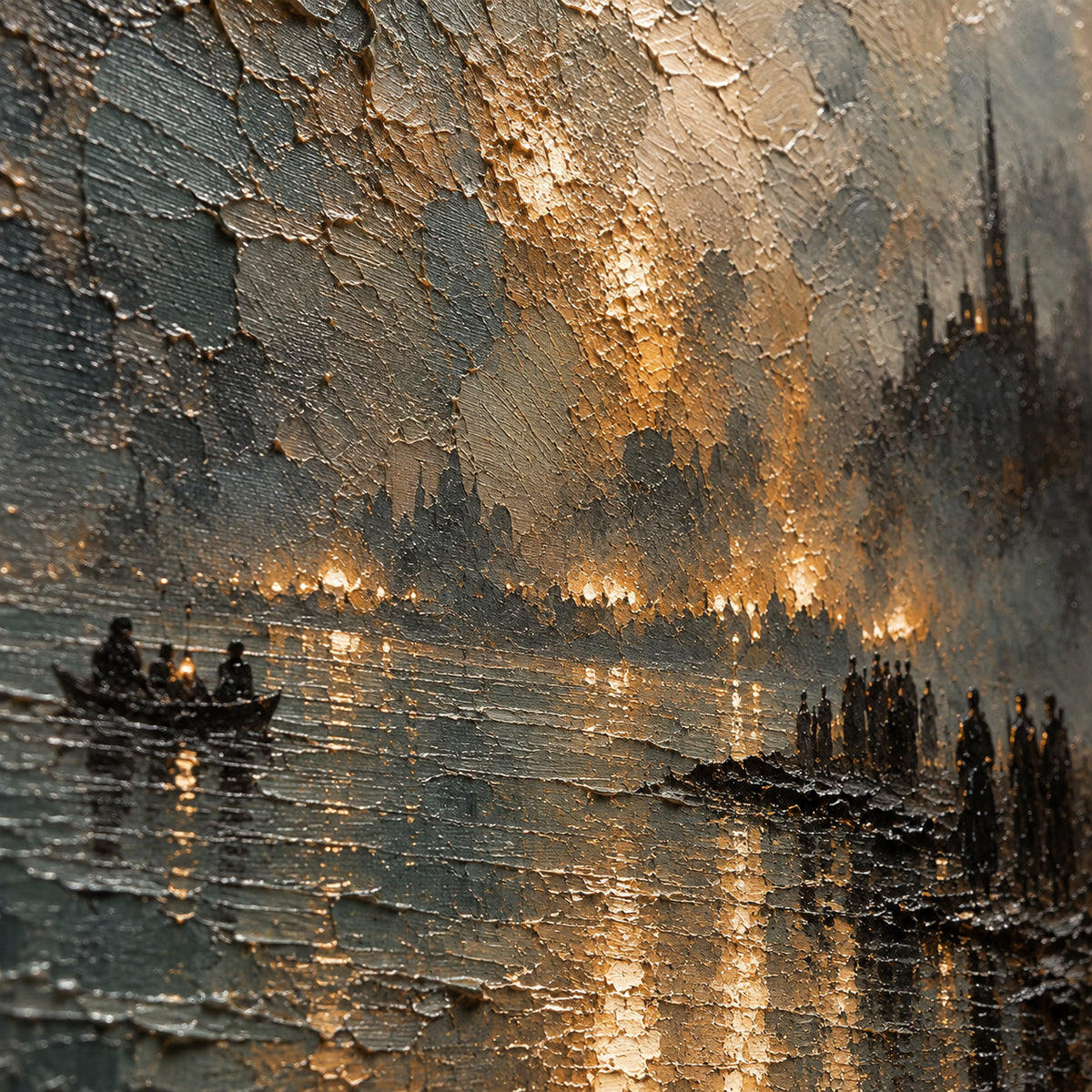 Gilded-Embankment oil painting brushwork and impasto detail photographed from an oblique side angle