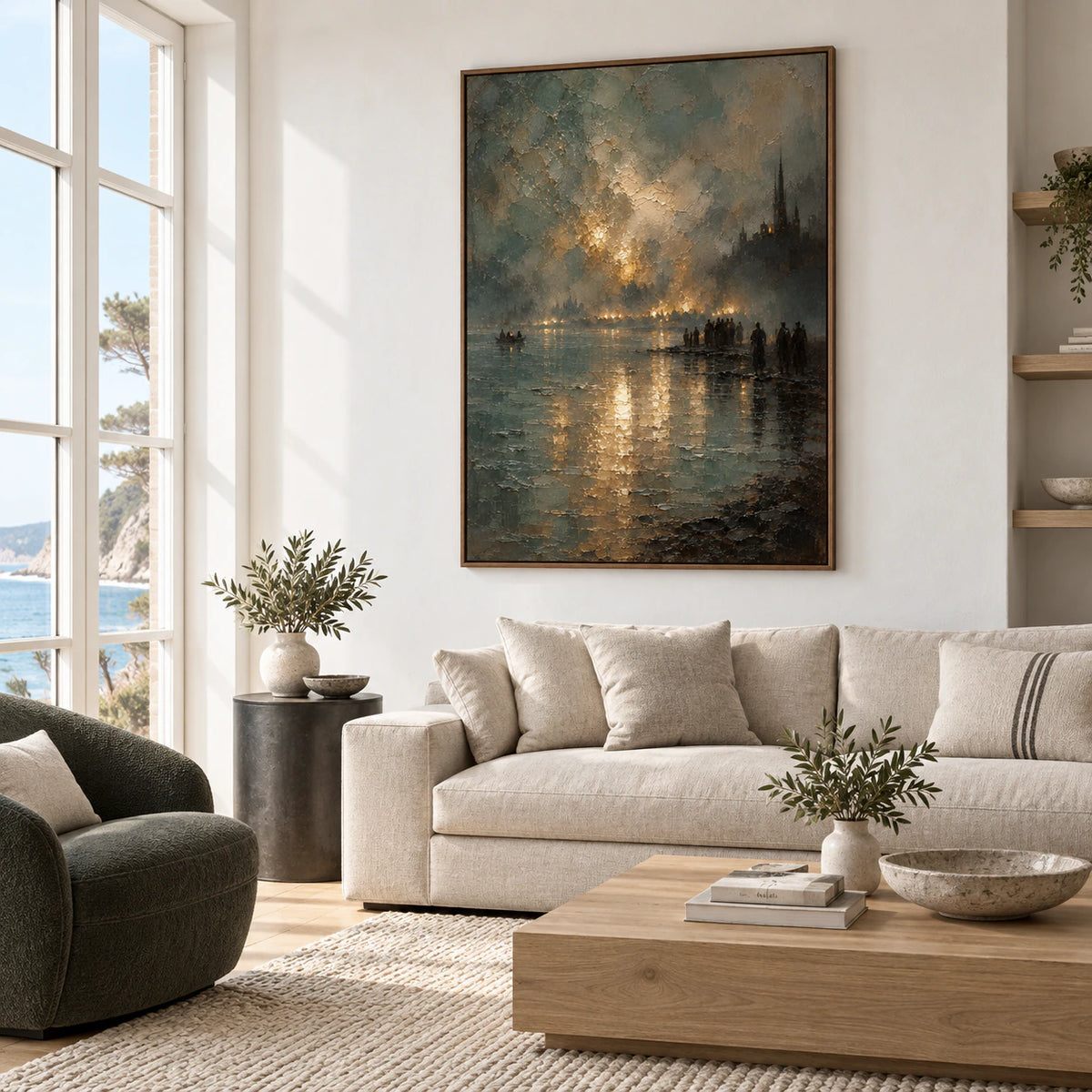 Bright living room featuring Gilded-Embankment above a restrained neutral sofa.