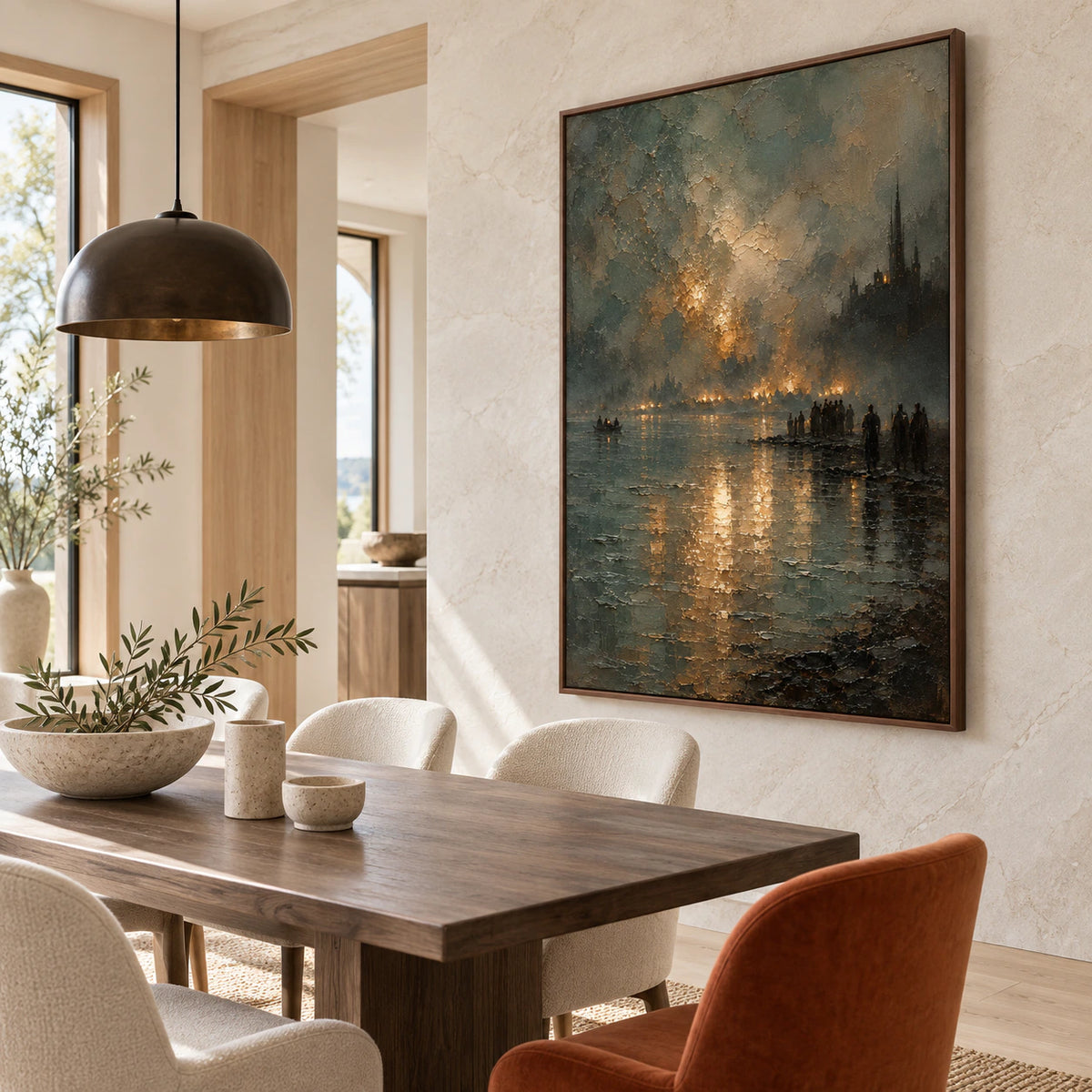 Refined dining room with Gilded-Embankment as the dramatic vertical wall art.
