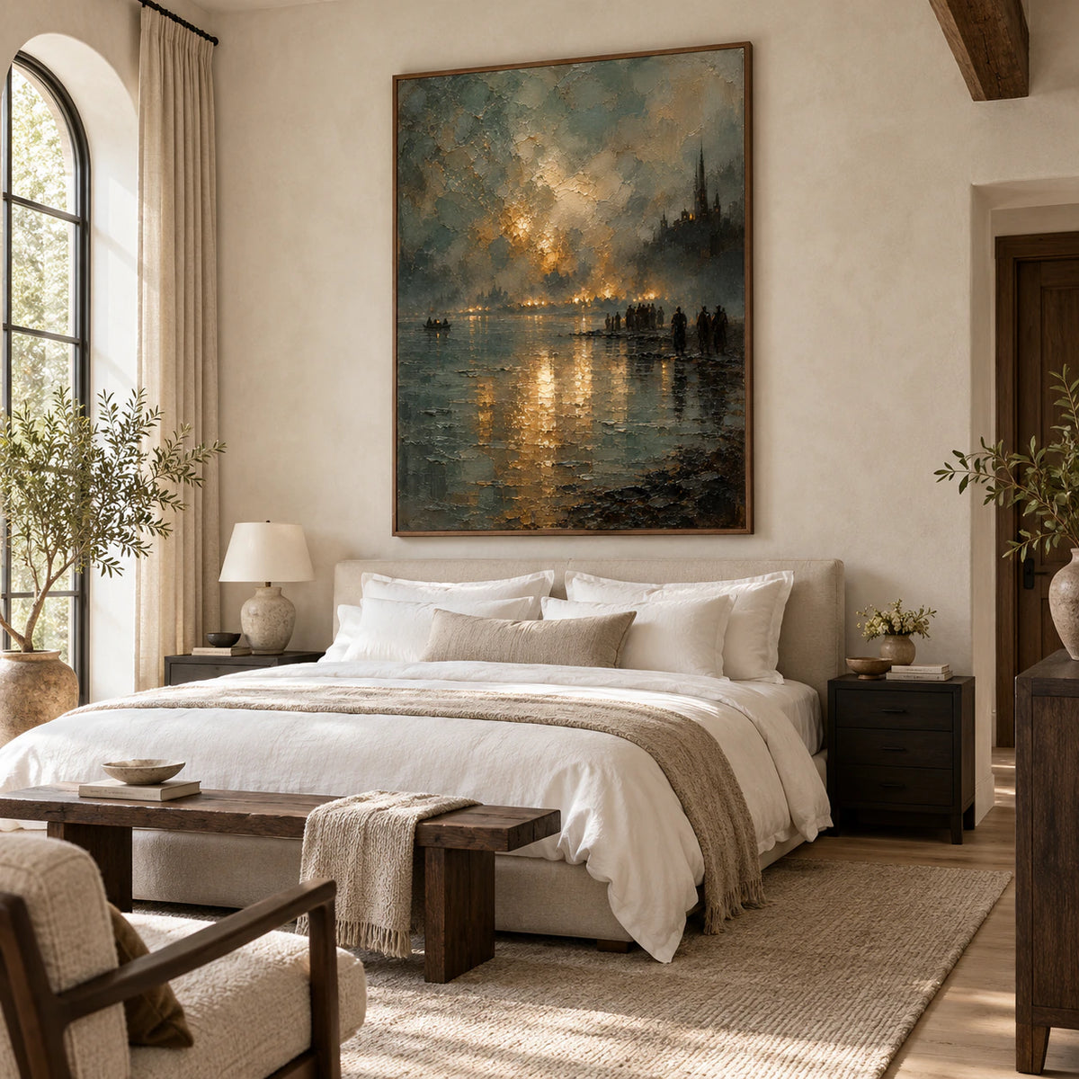 Quiet bedroom with Gilded-Embankment displayed above a low upholstered bed.