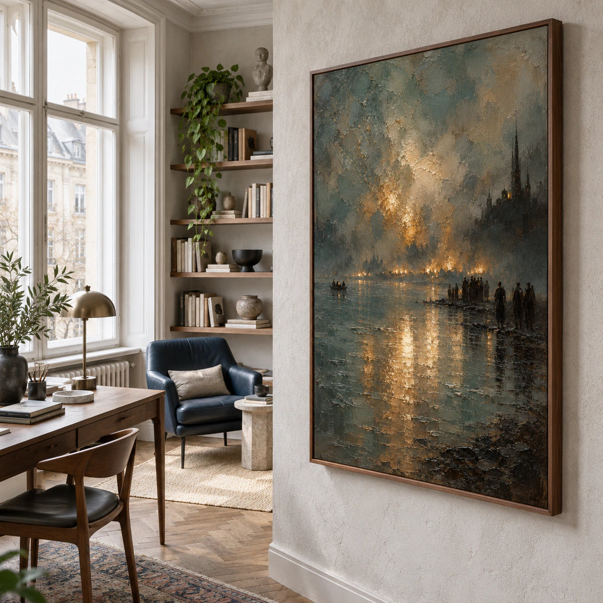 Airy reading office featuring Gilded-Embankment beside a pale wood worktable.