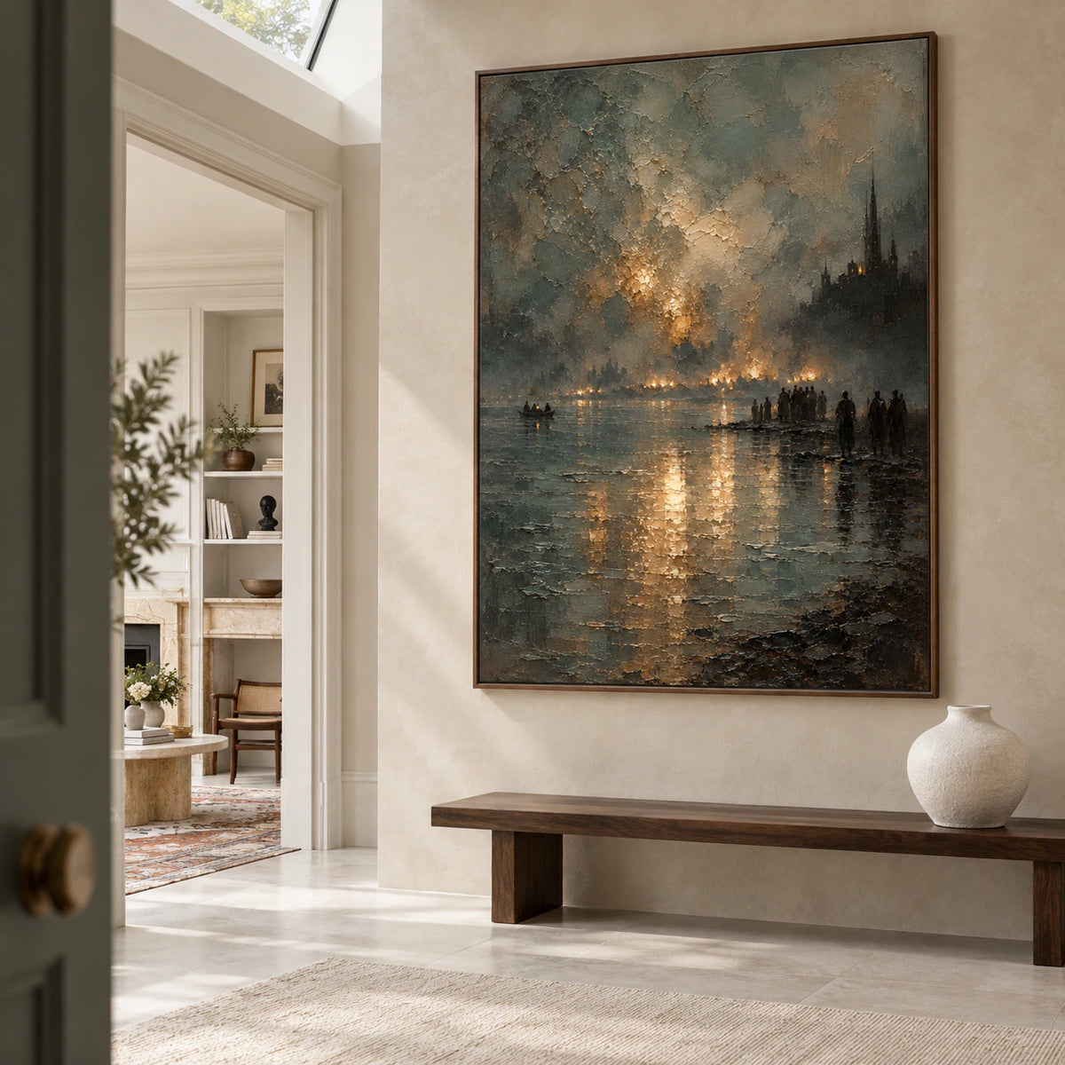 Gallery-scale foyer with Gilded-Embankment presented as a large vertical focal artwork.