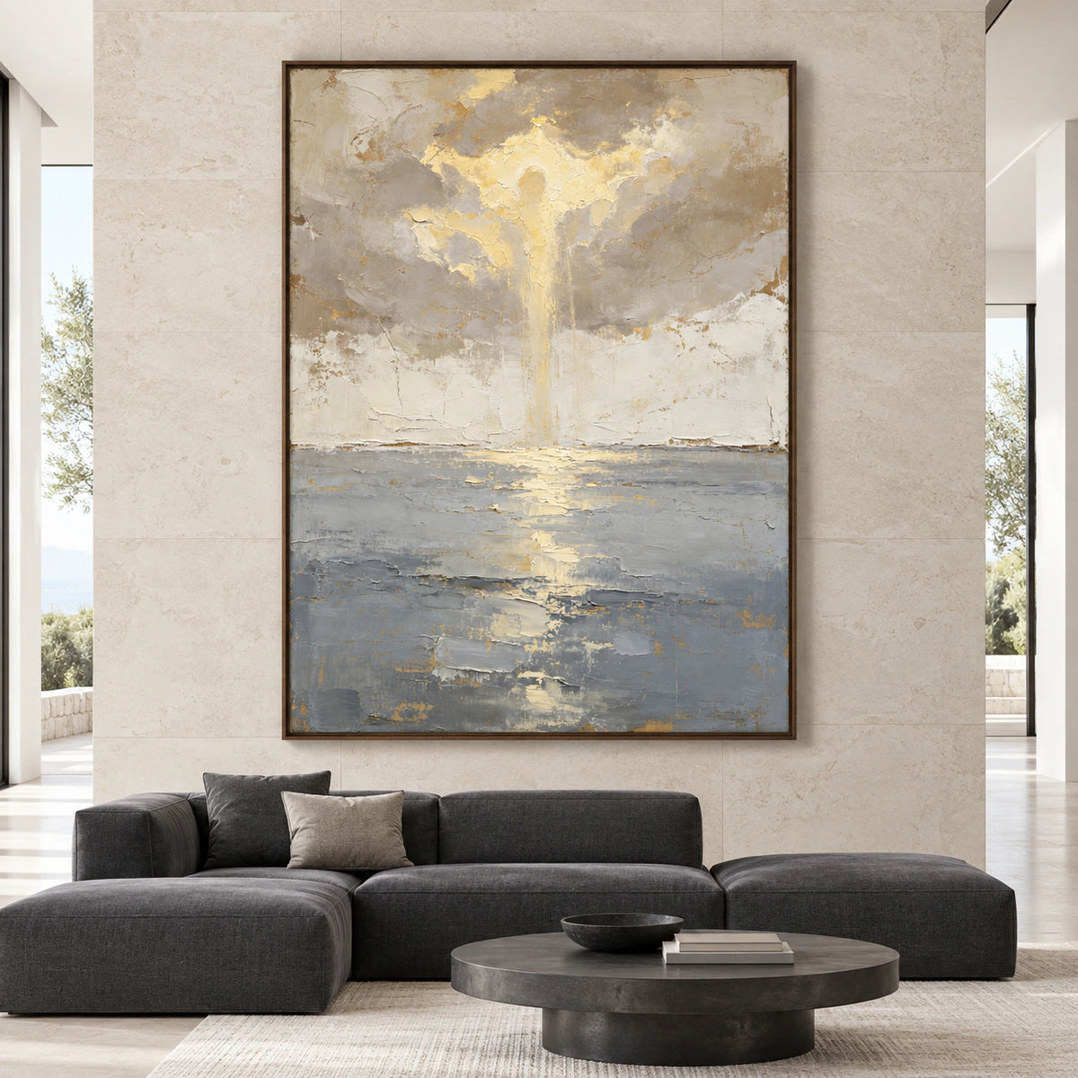 Gilded-Estuary displayed at large scale in a spacious, straight-on contemporary interior.