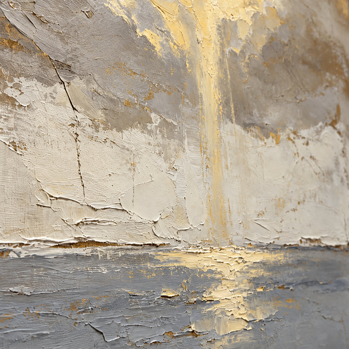 Gilded-Estuary oil painting brushwork and impasto detail photographed from an oblique side angle