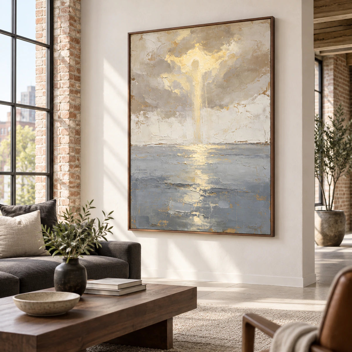 Gilded-Estuary as the focal artwork in a bright contemporary living room.