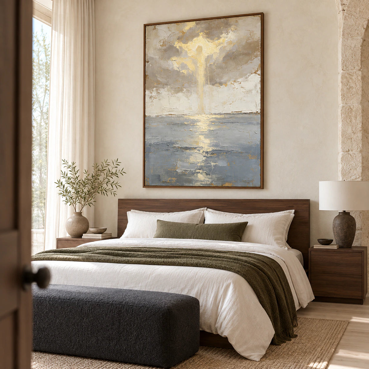 Gilded-Estuary bringing quiet texture to a light-filled bedroom.
