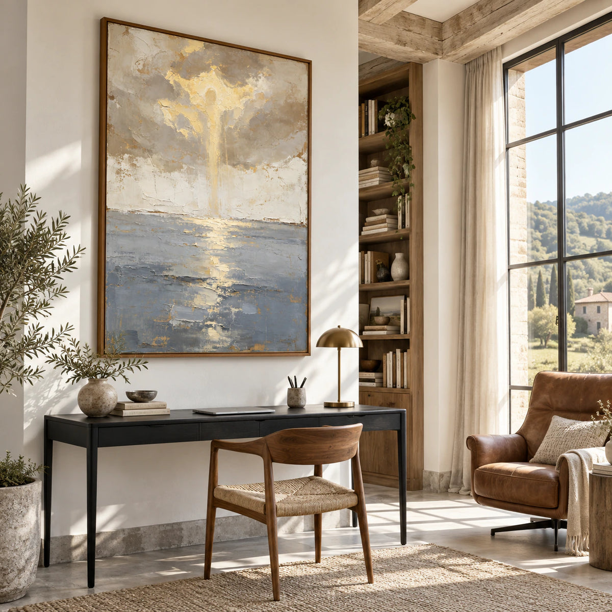Gilded-Estuary featured in an airy reading and home office space.