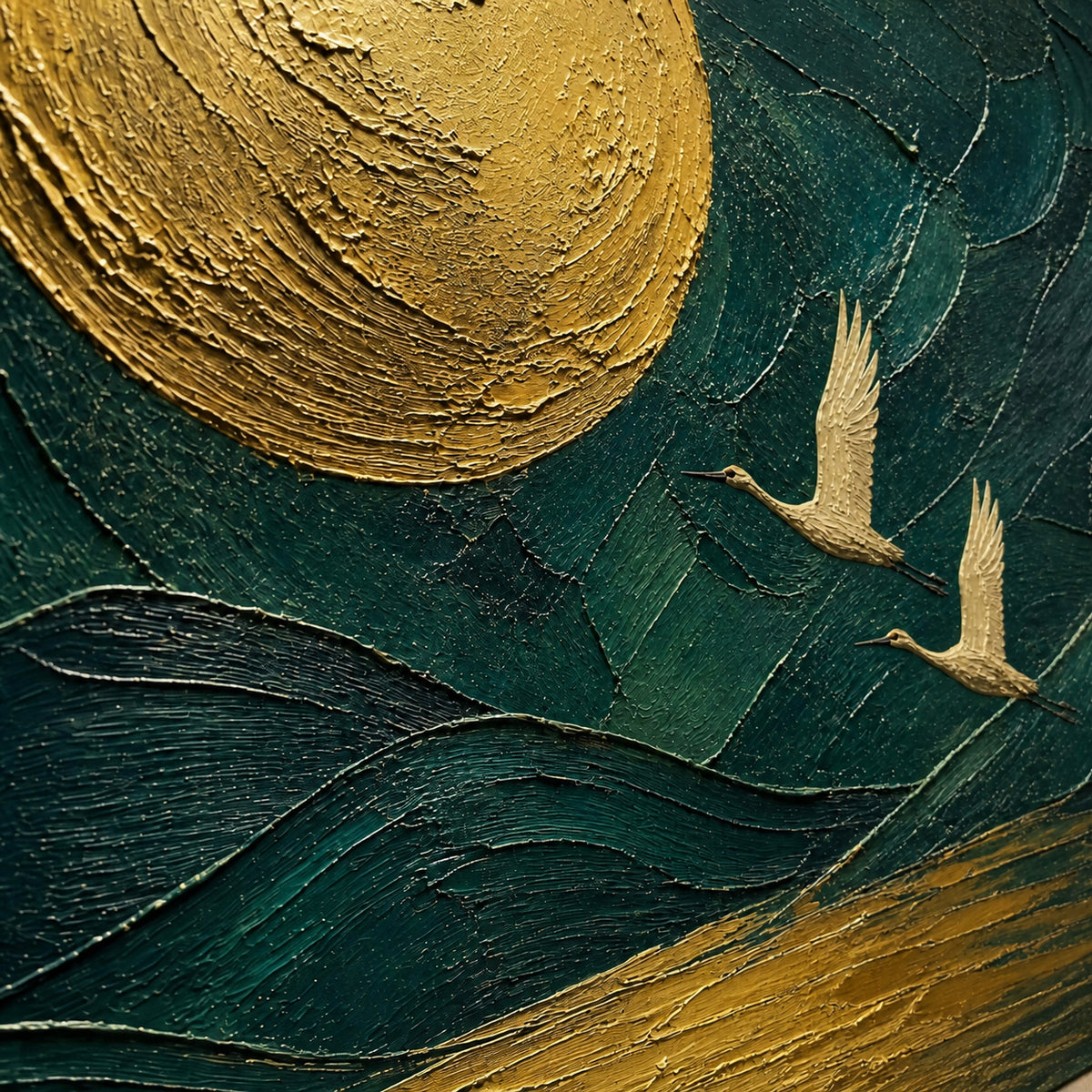 Gilded-Flight oil painting brushwork and impasto detail photographed from an oblique side angle