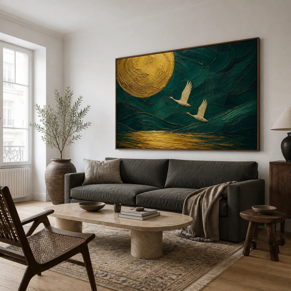 Gilded-Flight as the focal artwork in a bright contemporary living room.