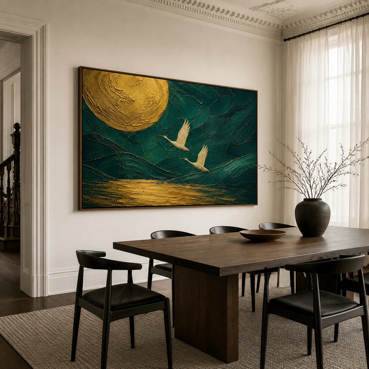 Gilded-Flight displayed above a refined dining setting in natural daylight.