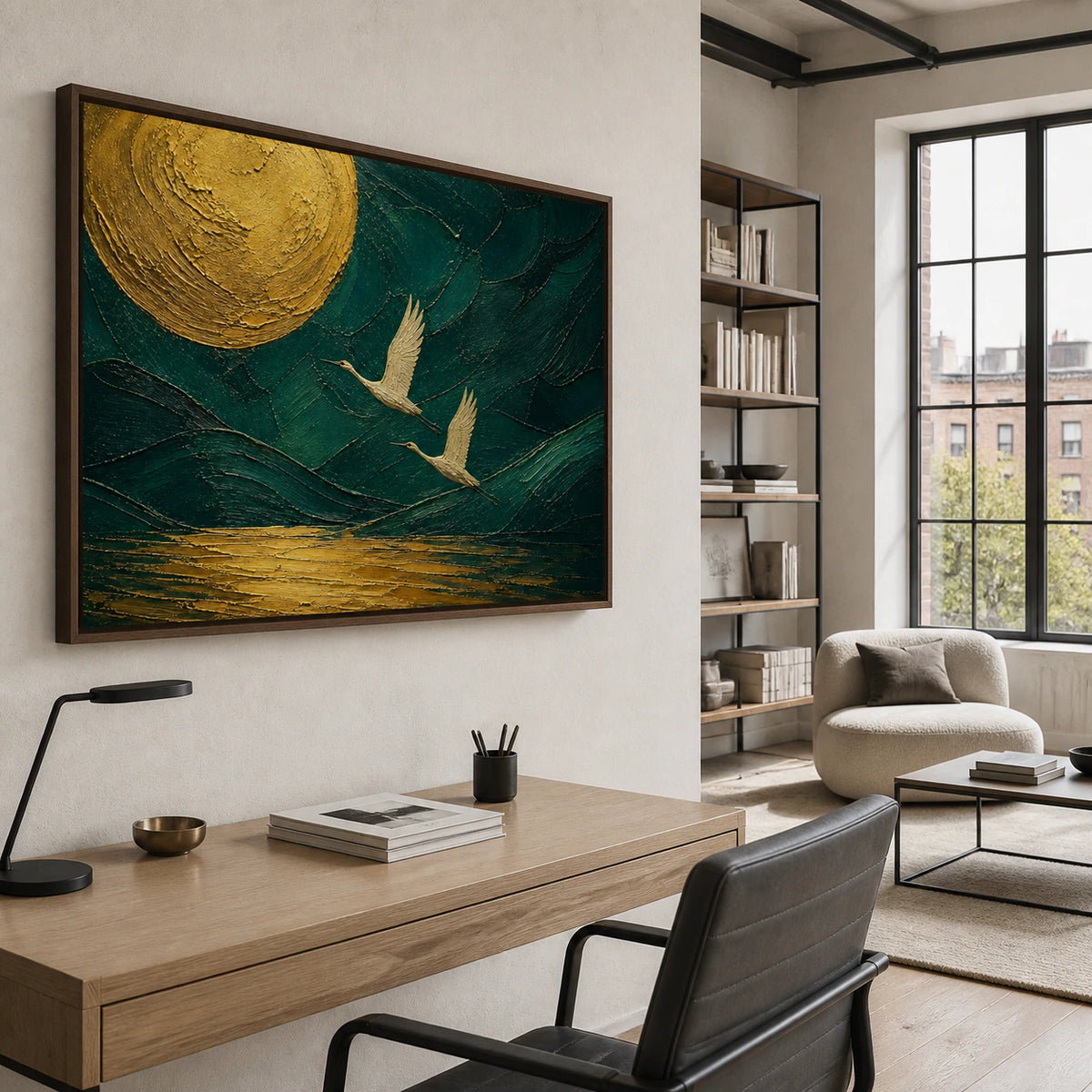 Gilded-Flight featured in an airy home office reading space.